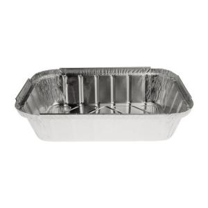 Rectangular aluminum foil container with rolled rim and raised edge 238x160x48 mm - E 12580 (oblique view)