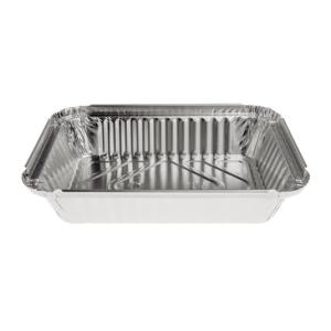 Rectangular aluminum foil container with rolled rim and raised edge 192x141x33 mm - E 650 (oblique view)