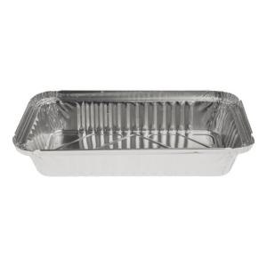 Rectangular aluminum foil container with rolled rim and raised edge 224x132x34 mm - R 650 L (oblique view)