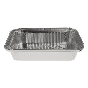 Rectangular aluminum foil container with rolled rim and raised edge 211x146x40 mm - R 845 L (oblique view)
