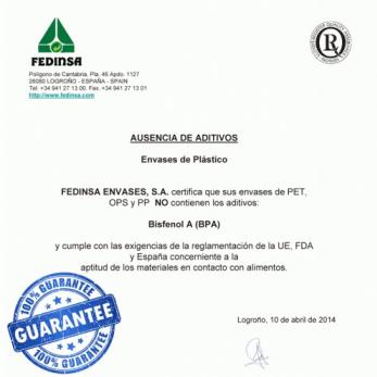 FEDINSA garantiza que el 100 % de los envases que fabrica está libre de BPA (Bisfenol A). Garantía FEDINSA 100% libre de BPA (Bisfenol A)
