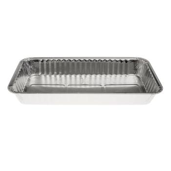 Envase de aluminio rectangular con borde rizado 248x130x31 mm - ref.: D 735 (vista oblicua) Envase de aluminio rectangular con borde rizado 248x130x31 mm - D 735 (vista oblicua)