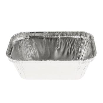 Rectangular aluminum foil container with rolled rim and raised edge 110x72x34 mm - E 150 (oblique view)