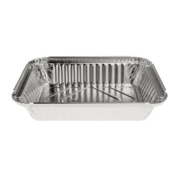 Rectangular aluminum foil container with rolled rim and raised edge 192x141x33 mm - E 650 MM (oblique view)