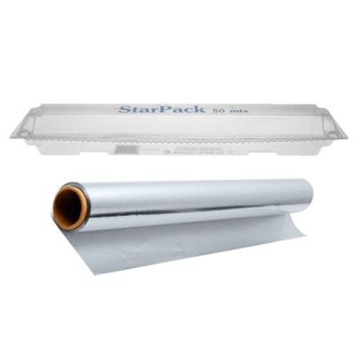 Food-grade aluminium foil roll 29 cm x 50 m with transparent dispenser – STAR 10 50 B (transparent dispenser + roll view)