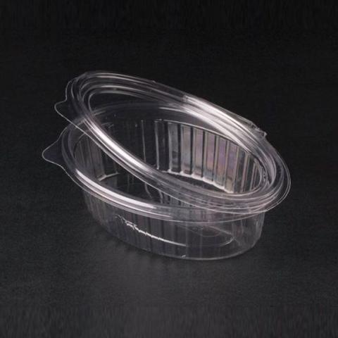 Embalagem de plástico OPS transparente oval com tampa 375 ml. G375 -  160x128x46 mm - (vista oblíqua, fundo preto)