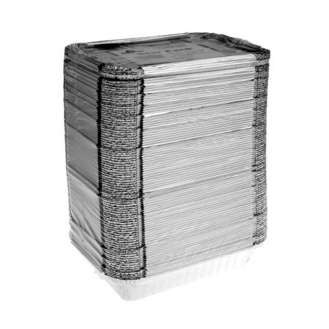 Envase de aluminio rectangular con borde rizado y canto alzado 175x175x44 mm - CE 650 (vista oblicua)