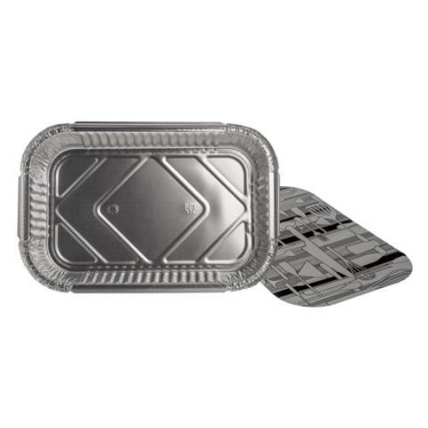 Rectangular aluminum foil container with rolled rim and raised edge with lid 285x188x35 mm - E 1500 (plan view)