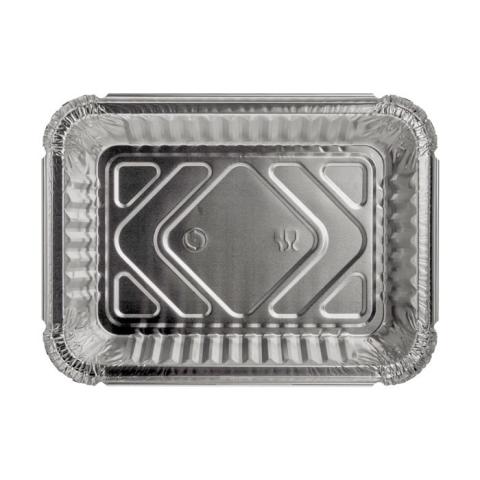 Rectangular aluminum foil container with rolled rim and raised edge 192x141x33 mm - E 650 MM (plan view)